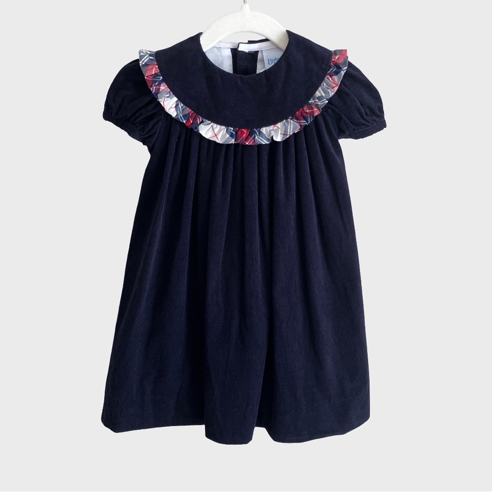 The Bailey Boys Girls Navy Corduroy Float Dress with Tartan Plaid Trim 18M